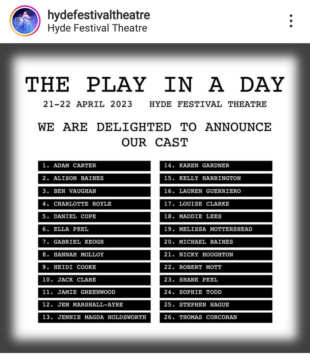 Here we go! This Saturday, its Play in a Day at Hyde Festival Theatre (<a href="/HYDEFESTTHEATRE/">HydeFestivalTheatre</a>)! Going to be huge amounts of fun, a great event and for me personally, following in the family footsteps treading the boards at Hyde! Can't wait, tickets are on sale now!