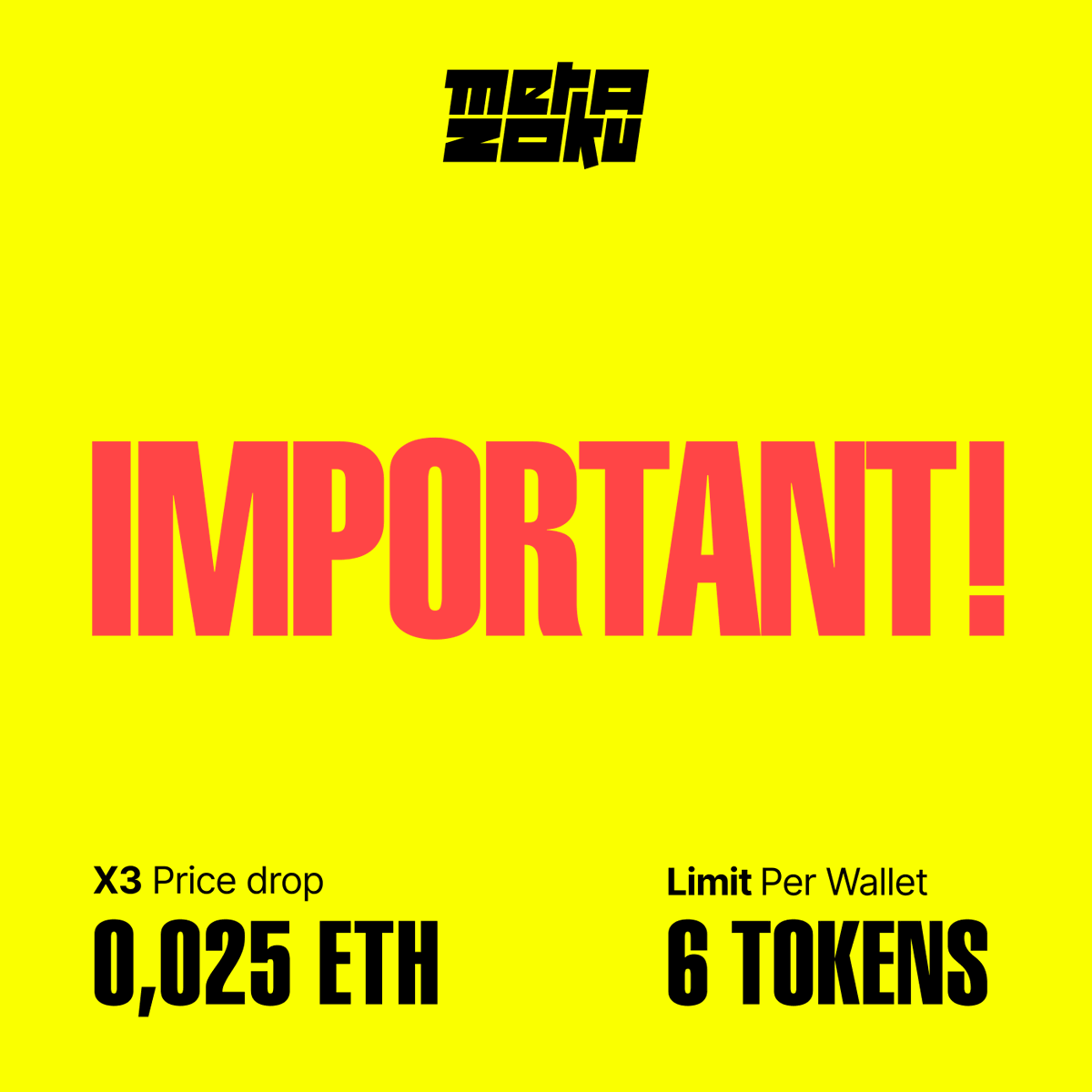 ⛽ Triple Discount x 3
✅ NFTs now 0.025 ETH
✅ Wallet Limit x 6 
✅ AllowList stage on track for 24hrs
❇️ Bought already? We'll refund the difference in 24hrs!

Maximize your collection size and let's beat out gas prices!