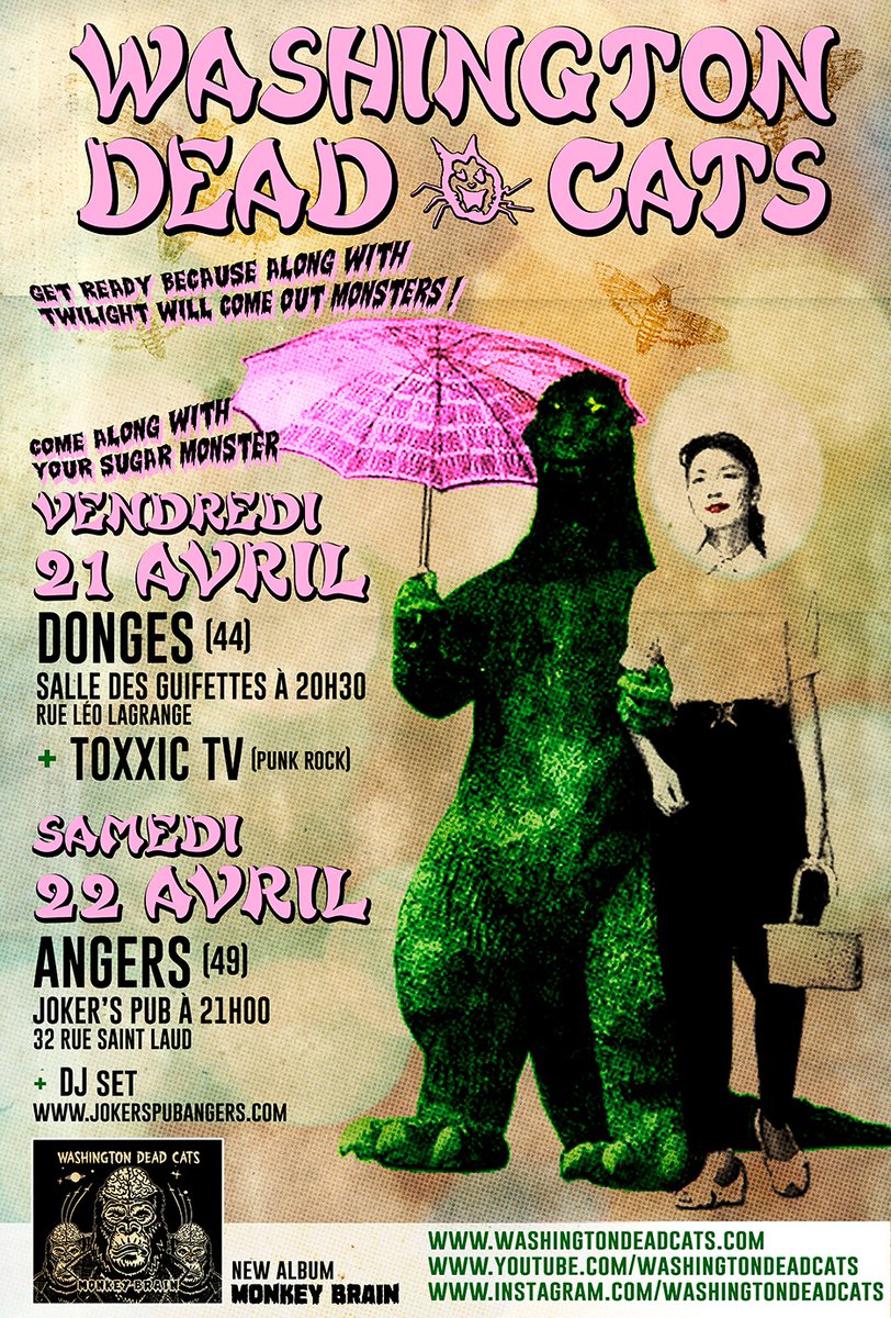 WashingtonDeadC's tweet photo. 2023_Avril - Washington Dead Cats live in Donges (Saint Nazaire) et Angers
#punk #punkrock #punkconcert #psychobilly #punkabilly #garagerock #garagerocknroll #donges #angers #jokerspub #godzilla #monkeybrain #washingtondeadcats #punkrockflyers #toxxictv #devildeluxemusic https://t.co/LO5oppHOjz