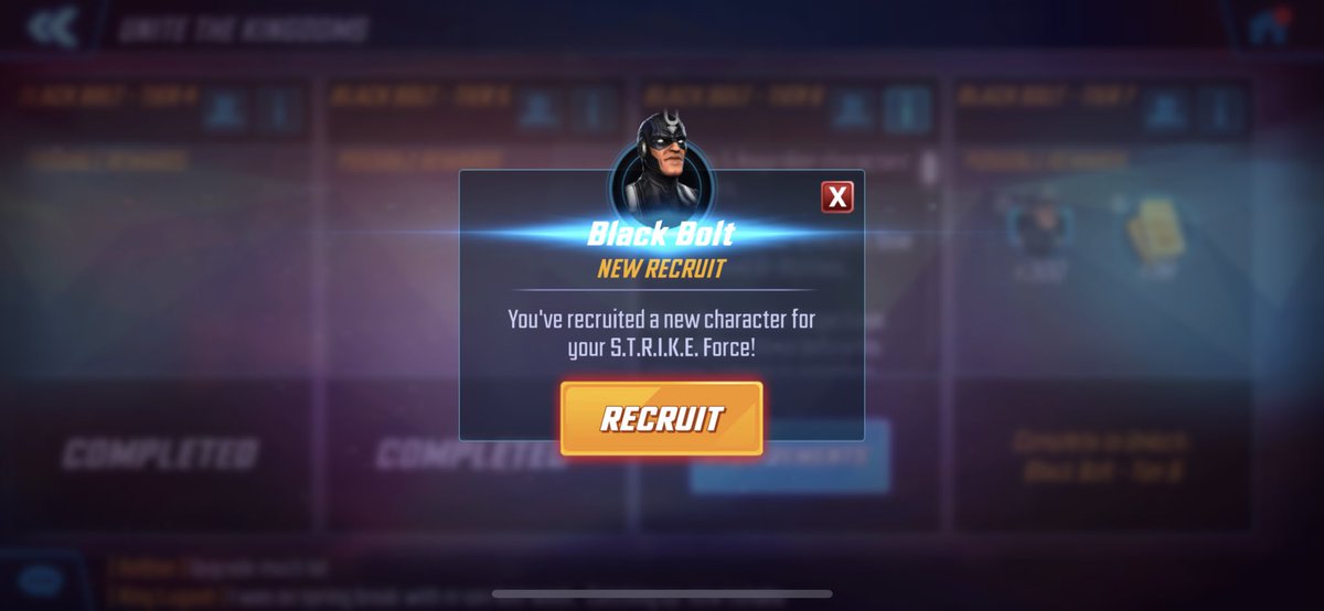 KingLugash's tweet photo. Welcome three new folx to my squad: Bucky Barnes, Union Jack, and (finally) Black Bolt!  Now 222 characters total!  
  #MarvelStrikeForce #MarvelSF @MarvelStrikeF https://t.co/CJft4xzw9c