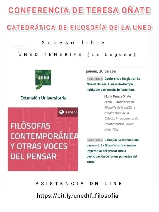 _ACAF_'s tweet image. Estupenda ocasión de escuchar a la profesora Teresa Oñate (@Hercritia, @UNEDfilosofia) en @unedtenerife. Será mañana, día 20 de abril, a partir de las 16:00 h. (hora canaria) y se podrá asistir presencialmente u online, a través del siguiente enlace: bit.ly/unedtf_filosof…