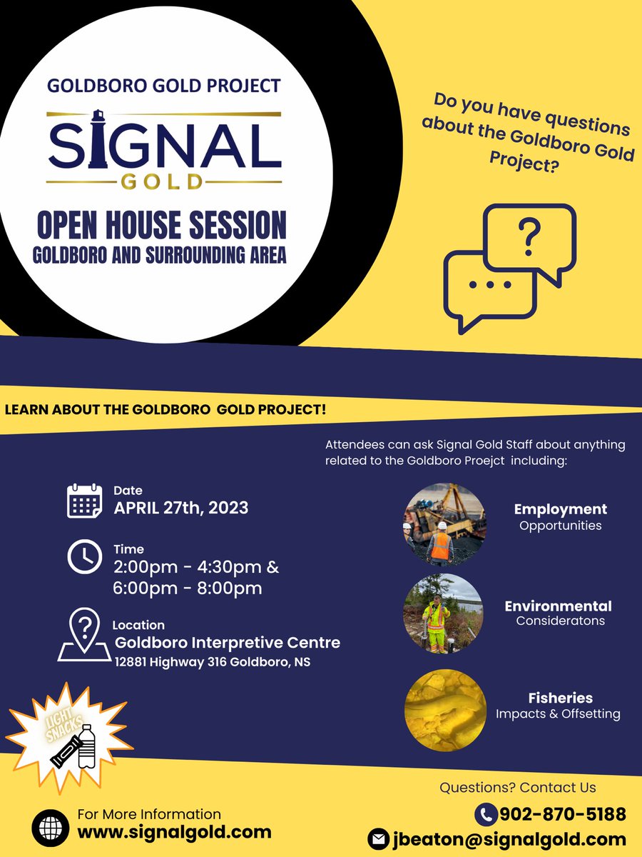 JohnBeaton7's tweet photo. @SignalGold_SGNL Open House sessions next week! On April 27th we will be holding two sessions in #goldboro, in #guysborough! The first session is 2:00-4:30pm and the second from 6:00-8:00pm. @mikekelloway @gregmorrowpc @GysboroJournal #openHouse #economic #Mining #gold https://t.co/bzZcp6dU96