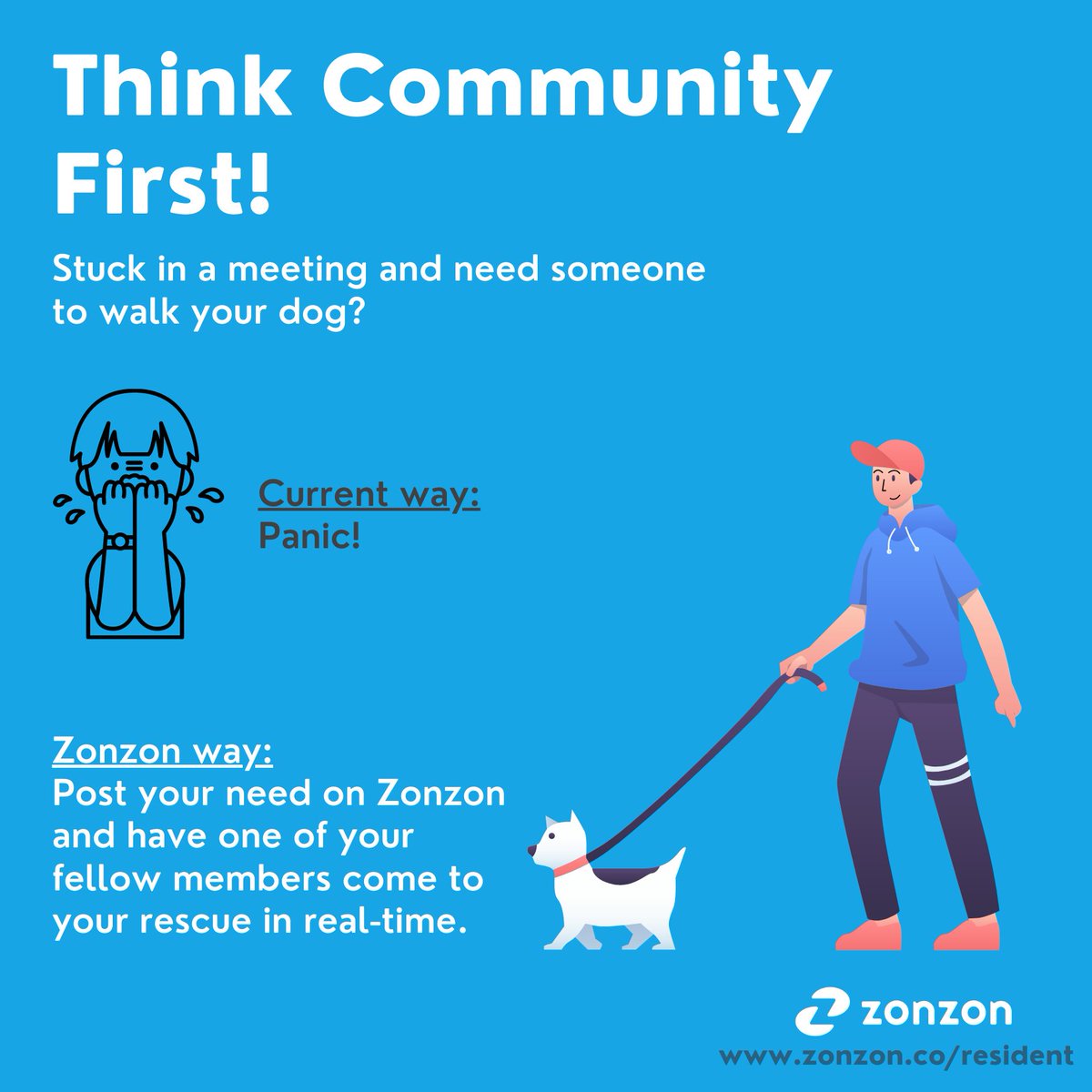 zonzonapp's tweet photo. Think Community First! 

Stuck in a meeting and need someone to take your dog for a walk? Ask a Zonzon member if they are available. https://t.co/9654t3vM75