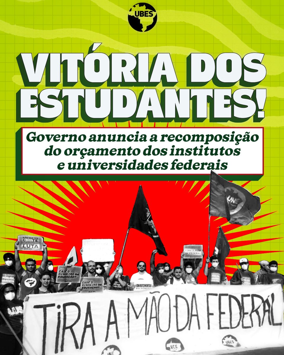 ubesoficial's tweet photo. Vitória dos estudantes! ✊🏽
Após anos de cortes e sucateamento, governo federal anuncia a recomposição do orçamento das universidades e institutos federais.

Investimento em educação pública, gratuita e de qualidade para construirmos um Brasil soberano! https://t.co/Yu5qgNQ994