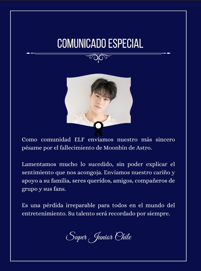SJFanbaseChile's tweet photo. Como comunidad ELF enviamos nuestro más sincero pésame por el fallecimiento de Moonbin de Astro.
Lamentamos mucho lo sucedido sin poder explicar el sentimiento que nos acongoja. Enviamos nuestro cariño y apoyo a su familia, seres queridos, amigos compañeros de grupo y sus fans. https://t.co/3mzNW7V1EK