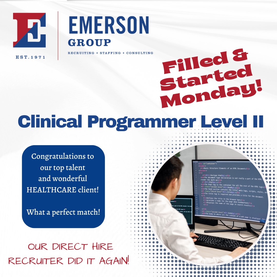 EmersonGroup's tweet image. Another #PROGRAMER filled and started this week! Congratulations to both our #healthcare client and top talent! Great job Chris Zirpoli facilitating this perfect match! #EmersonGroup #ProfessionalSearch #JobSearch #Hiring #EmersonIT