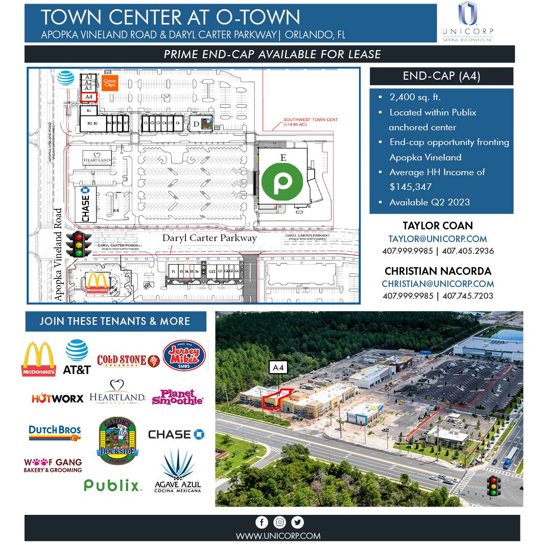 Prime End-Cap Available at Publix Anchored Center 🛒 O-Town West 📍 2,400 sq. ft. 

Learn more: online.fliphtml5.com/ccavl/oecx/

#PlacesThatEndure #BuildingWithPassion #Unicorp #EndCap #ForLease #SpaceAvailable #RealEstate #CRE #OTownWest #OTown #TownCenter #VisitOrlando