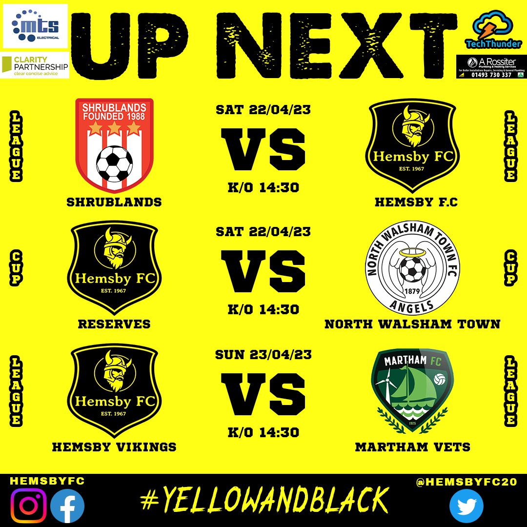 HemsbyFC20's tweet photo. 🟡⚫️UP NEXT⚫️🟡
SAT - Our 1st team are away to @Shrublands_FC K/O 14:30
SAT - Our Res host @northwalshamtfc K/O 14:30
SUN - Our Vets host @MarthamFC1 Vets K/O 14:30
#hemsbyfc #nonleaguefootball #reserves #vetsteam #marthamfc #northwalsham #shrublands #norfolkfootball https://t.co/WjSG3JiJ0o