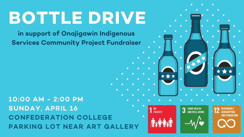 ConfedAlumni's tweet photo. Bottle Drive in support of the Onajigawin Program Graduating Class!  Sunday April 16th between 10:00 am and 2:00 pm, in the Confederation College parking lot (near art gallery) https://t.co/mJL5kISlxN… #Confederationcollege
#confederationcollege https://t.co/xFHtpgvWGk