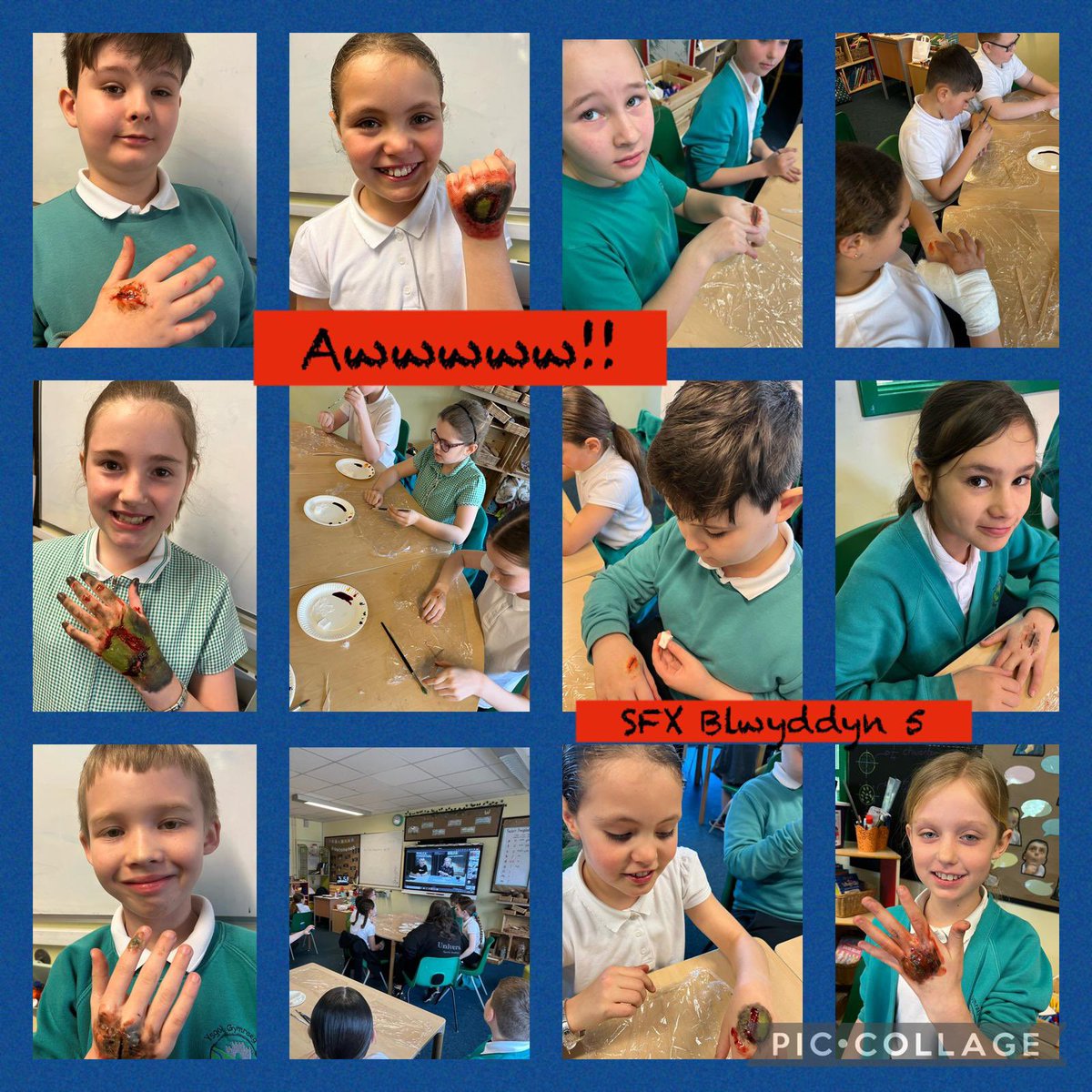YGNantCaerau's tweet photo. 🩸 Rhybudd - anafiadau ffug! ⚠️
Warning - fake wounds! 🩸

Cafodd Bl.5 a 6 weithdy colur SFX anhygoel gyda @ScreenAllianceW @CdfCuric @UniSouthWales Year 5 &amp; 6 had a superb SFX wound workshop today. 

Archwilio gyrfaoedd o fewn ffilm! 📽️🎬 Exploring careers in the film industry! https://t.co/hMg2GEgPXU