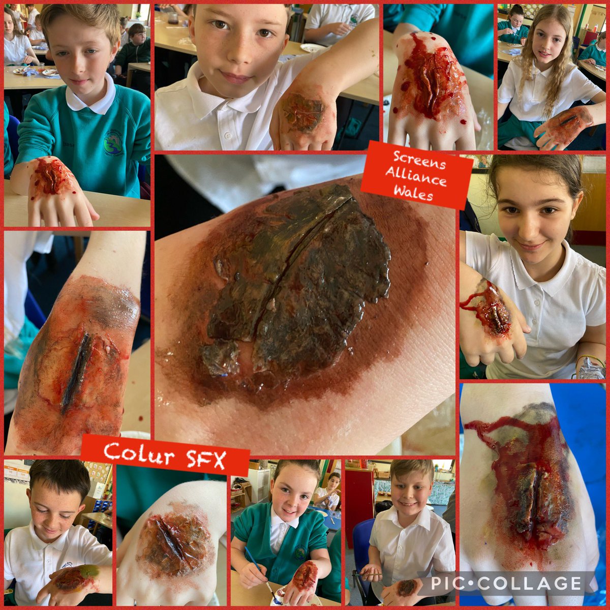YGNantCaerau's tweet photo. 🩸 Rhybudd - anafiadau ffug! ⚠️
Warning - fake wounds! 🩸

Cafodd Bl.5 a 6 weithdy colur SFX anhygoel gyda @ScreenAllianceW @CdfCuric @UniSouthWales Year 5 &amp; 6 had a superb SFX wound workshop today. 

Archwilio gyrfaoedd o fewn ffilm! 📽️🎬 Exploring careers in the film industry! https://t.co/hMg2GEgPXU