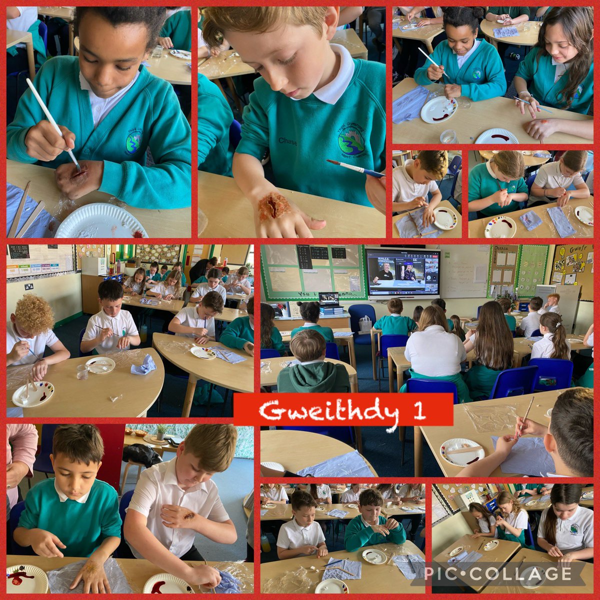 YGNantCaerau's tweet photo. 🩸 Rhybudd - anafiadau ffug! ⚠️
Warning - fake wounds! 🩸

Cafodd Bl.5 a 6 weithdy colur SFX anhygoel gyda @ScreenAllianceW @CdfCuric @UniSouthWales Year 5 &amp; 6 had a superb SFX wound workshop today. 

Archwilio gyrfaoedd o fewn ffilm! 📽️🎬 Exploring careers in the film industry! https://t.co/hMg2GEgPXU