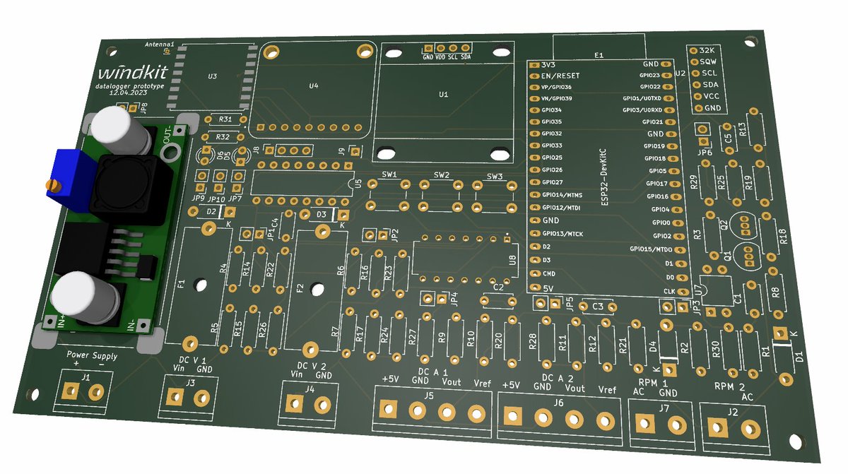 Windkit_cc's tweet photo. @arturo182 just the latest :D 
we're building a datalogger to monitor our open hardware small wind turbine. the datalogger is equipped with an esp32, sd card slot, RTC, OLED display, RF module to measure and receive voltage, current, windspeed, frequency, winddirection, yeah! https://t.co/Tp03Nd9O4F