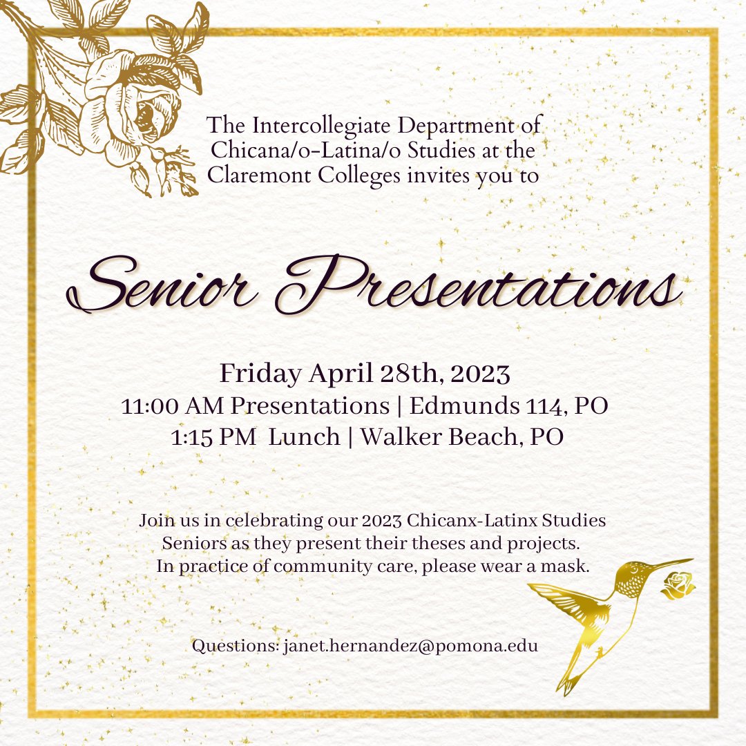 IDCLS Senior Presentations
Friday, April 28, 2023
Presentations at 11:00-1:00 PM | Edmunds 114, PO
Lunch at 1:15 PM | Walker Beach, PO.
Alumni, students, and friends of IDCLS welcome. In practice of community care, please wear a mask during our indoor event.