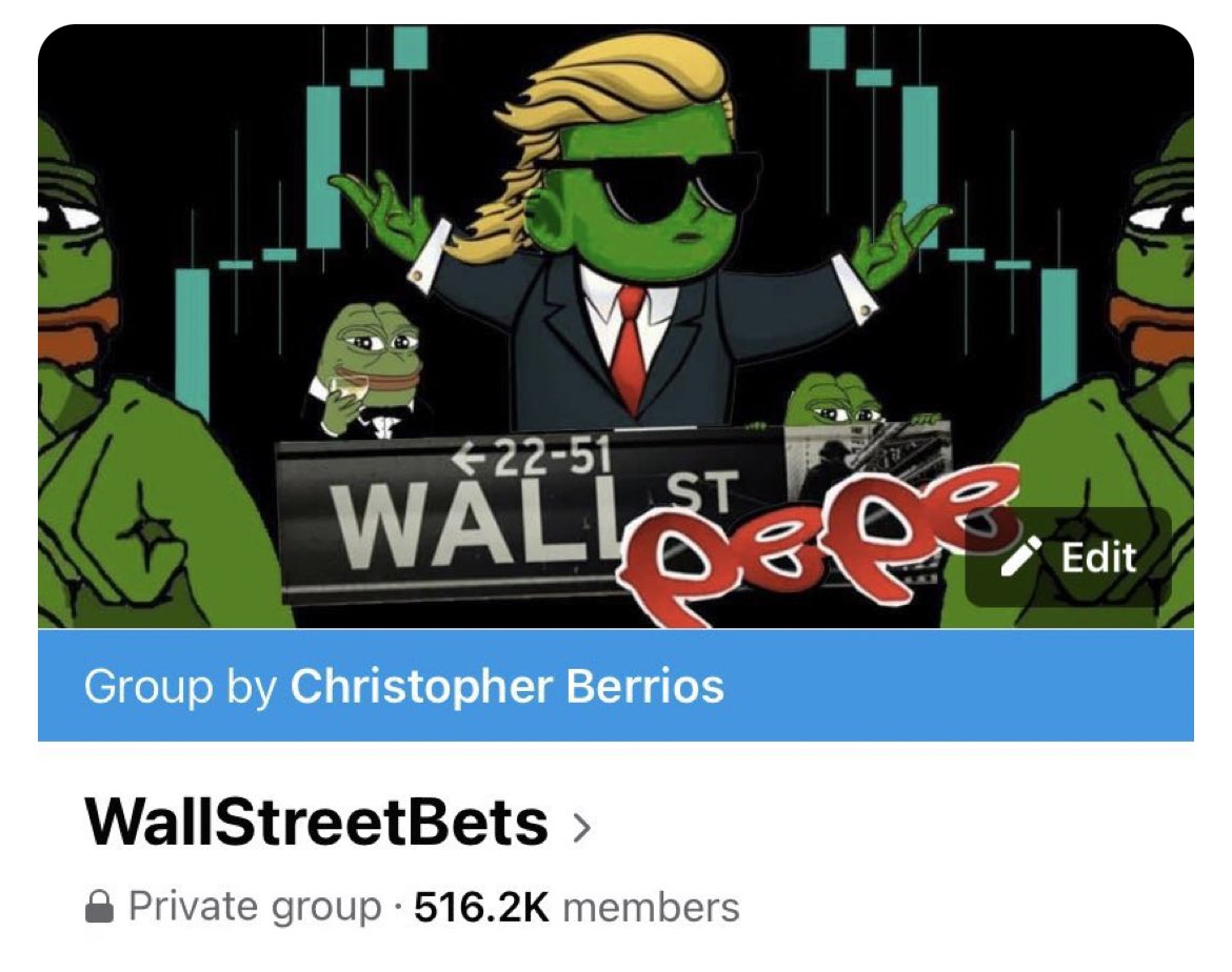 Jampzey's tweet photo. BREAKING: $PEPE is now currently trending on Wall Street Bets Facebook group of over 500,000 members https://t.co/gBb8HKTEPY