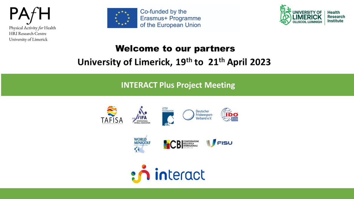 PAfH_UL's tweet photo. Looks like a great first day was had by our "International and European Sport Organizations Activate Citizens Plus” (INTERACT+) project partners in @PessLimerick today where they experienced an introduction to Gaelic football 🏐 https://t.co/RsXJBr3GgX