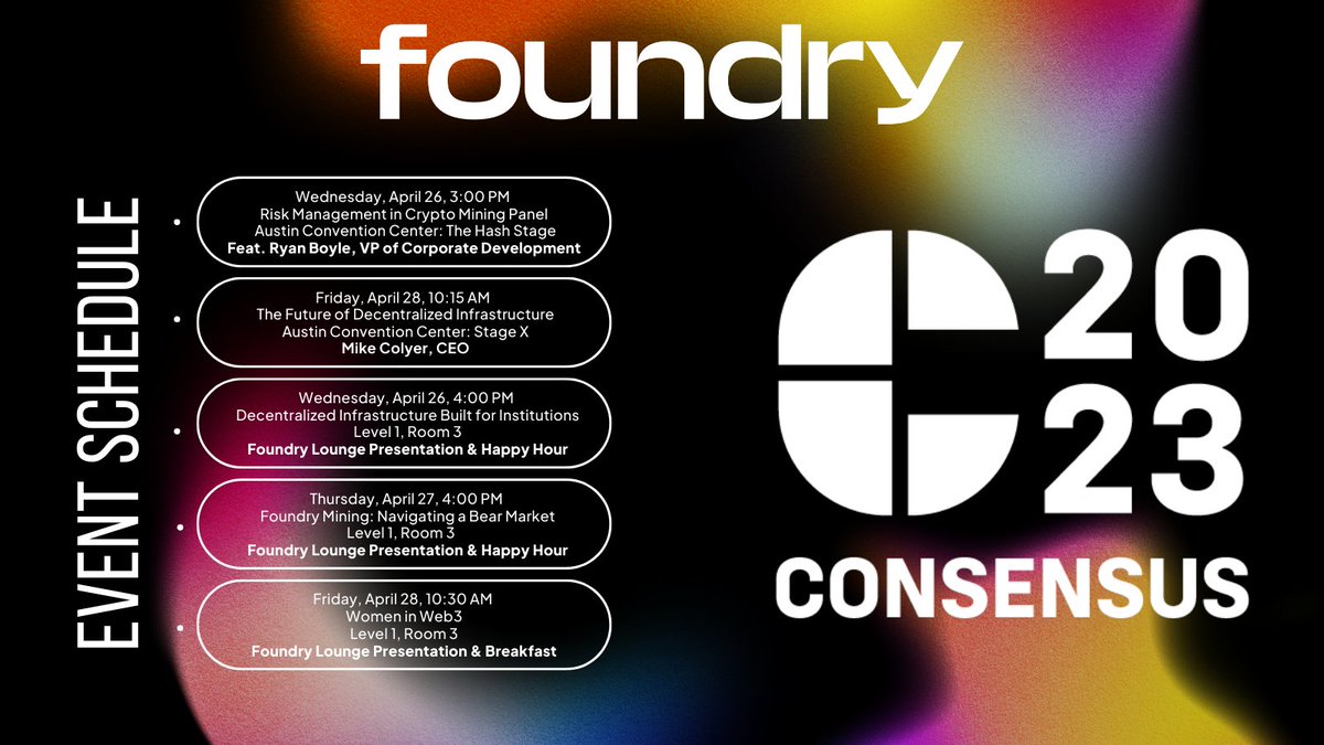 We’re just one week away from #Consensus2023! Use the event schedule below to see us on stage or meet with our team in person. We’ll be presenting on panels, hosting happy hours, and of course, ready to chat about all things mining and staking related in the Foundry lounge.