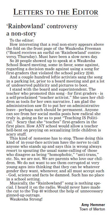 jnorcr's tweet photo. @tmj4 @WIExaminer @journalsentinel @WISN12News A far right, #WISED-backed MAGA extremist on the #Arrowhead school board had this letter to the editor published in the #Waukesha Freeman - an incoherent "culture wars" rant against the LGBTQ community.
#Wisconsin #noroomforhate #MertonWI #HartlandWI https://t.co/FQ3q9qLW5R