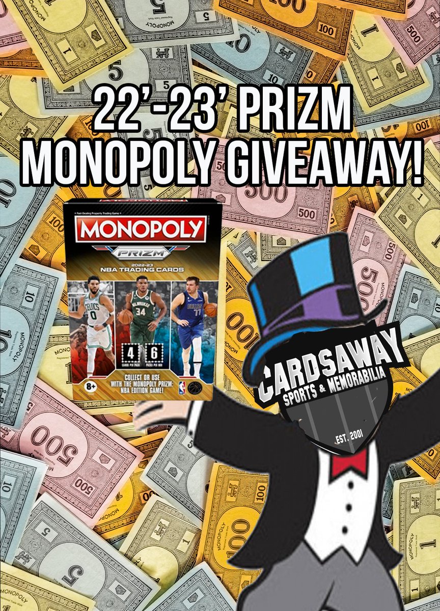 cardsawaysports's tweet photo. 🚨PRIZM MONOPOLY GIVEAWAY🚨
 
(1) Box of 22'-23' Prizm Monopoly Basketball!

To Enter: 
1) Like &amp; Retweet 
2) Follow @cardsawaysports &amp; @cardsawaybreaks
3) Tag someone you'd play this board game with

***min. 500 retweets/likes*** https://t.co/S8waAtsuqJ