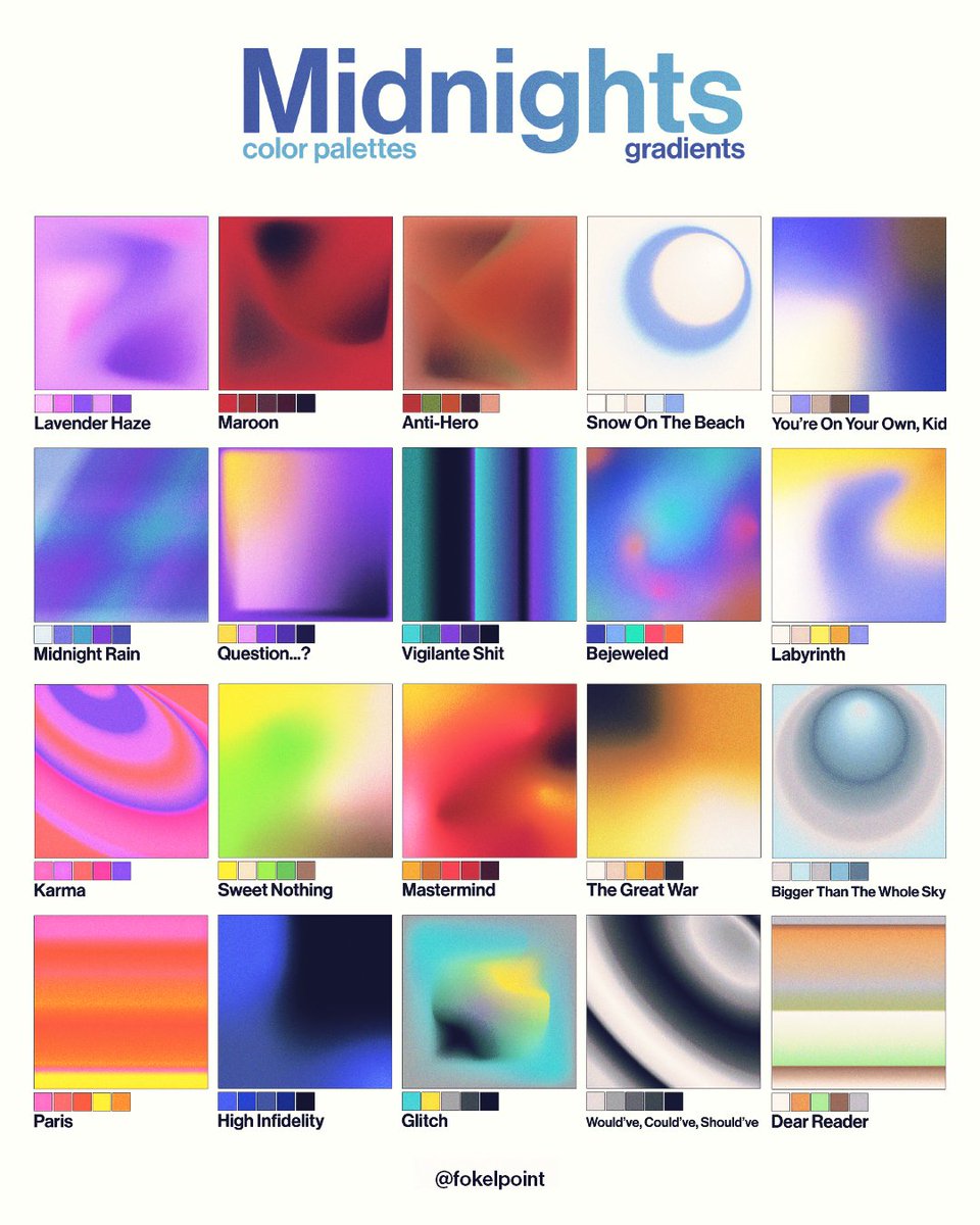 Looked up at the sky and it was... gradients! 💫These are the color palettes I personally visualize when listening to Midnights! Do you agree? 💙🕰️✨

#TSTheErasTour #HoustonTSTheErasTour #TSMidnighTS <a href="/taylornation13/">Taylor Nation</a>