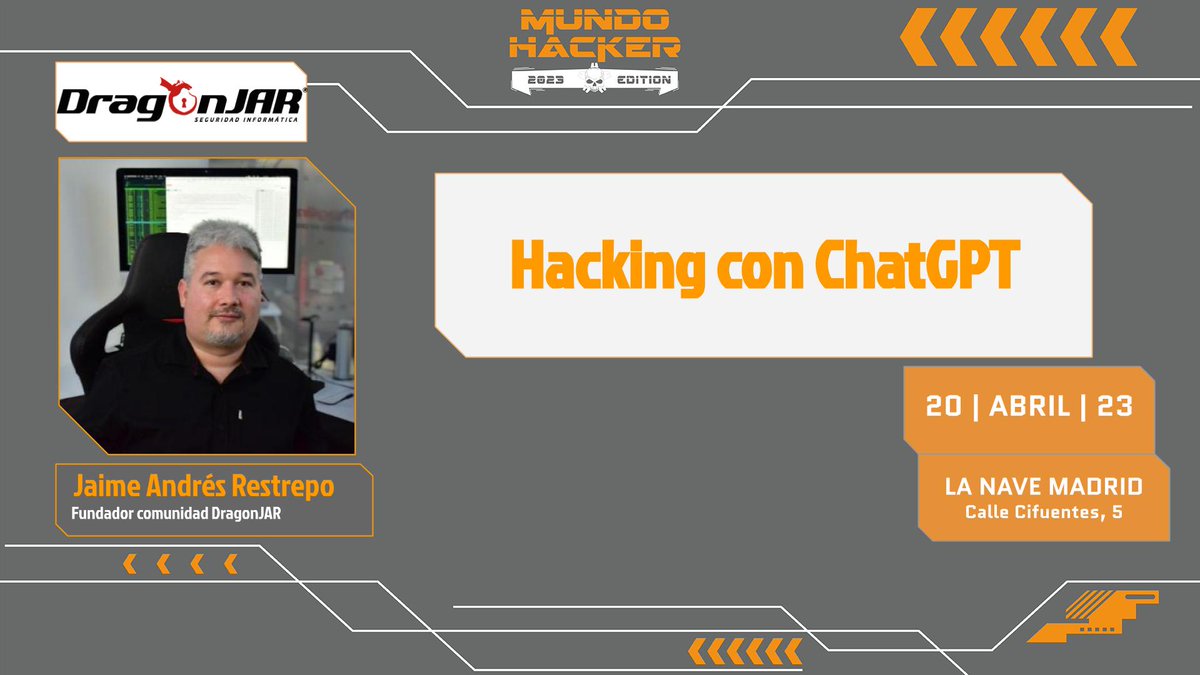 mundohackertv's tweet photo. Empezamos con un ilustre integrante del #MundoHackerTeam @DragonJAR nos habla de un tema muy actual: Hacking con ChatGPT #ciberseguridad
#IA #AI #MundoHackerDay #happyhacking https://t.co/HhDuKfo845