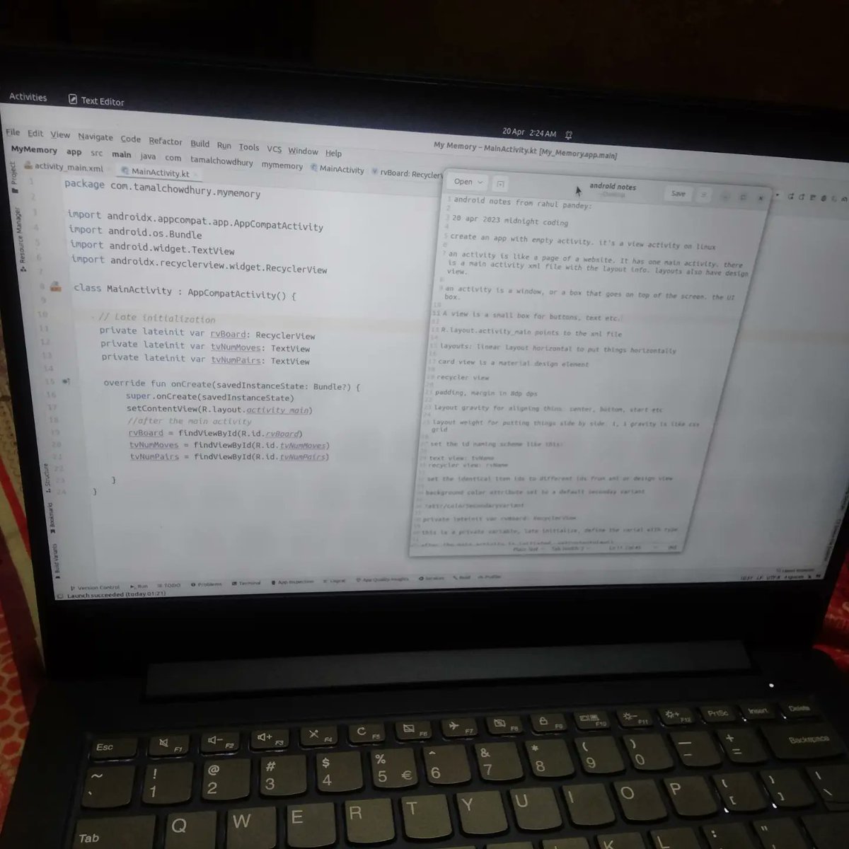 tamalchow2's tweet photo. Late night learning Android development by following @rpandey1234 Rahul Pandey's videos. And taking notes after lessons. Loving it! #kotlin #android #softwareengineering #mainactivity https://t.co/2uC9umBEix
