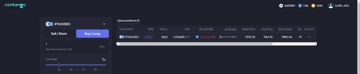 TraversaJulian's tweet photo. 2x on ETH on my first expirable contract from @Contango_xyz 

Finally a way to get some leverage other than the same old perps...

Its great to see expirables go live 🔥 and even better -- its all backed by the wider fixed-yield space

@Contango_xyz x @IlluminateFi soonTM https://t.co/F1PKO7lNK9