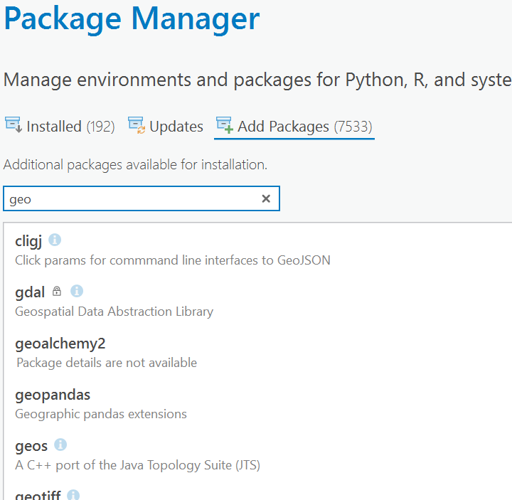How is it decided which #Python libraries are available in the #ArcGISPro package manager?
Geopandas, rasterstats, pyshp are there.
Rasterio, folium, earthpy, pyproj are not.

Back to Ananconda/Jupyter notebooks, and excited to show folium and leafmap tomorrow in class!
#gischat