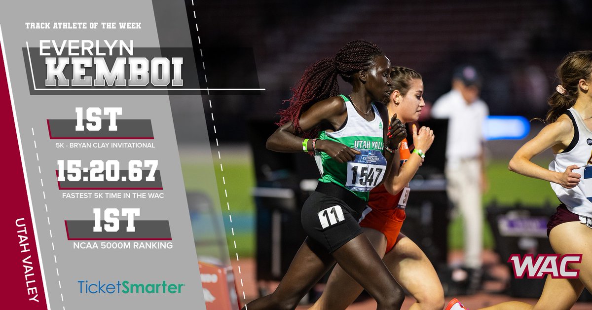 UAConference's tweet photo. Congratulations to the @TicketSmarter #WACotf Women's Track Athlete of the Week and NCAA leader in the 5K, Everlyn Kemboi from @UVUxctf! https://t.co/jejZlue3JG