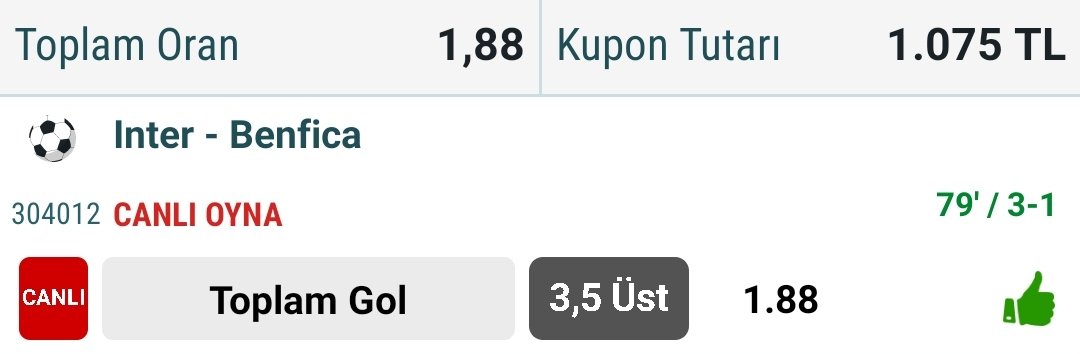 ✅✅ 28 dakikada 1.88 oranlı Bahis kazanmıştır oynayanları tebrik ederim

#iddaa #bahis #iddaatahminleri #iddaakuponu #benfica #inter #intervsbenfica #ManCity #BayernMunich #fenerbahçe #kırmızı #pedro #haaland #BayernMunich