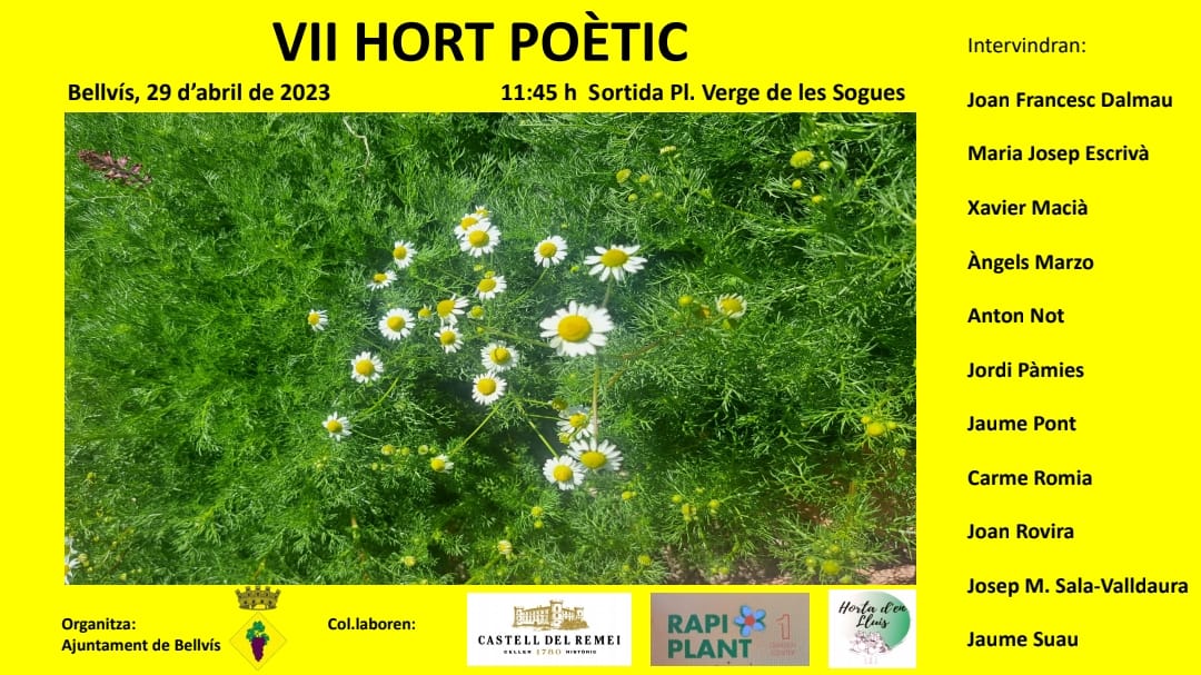 NatiMoncasi's tweet photo. Ja tenim preparada la nova edició de l'Hort Poètic. Us esperem el proper dissabte 29 d'abril.
@JaumeSuau
#HortPoètic #Bellvis https://t.co/zQvG6F9iFp