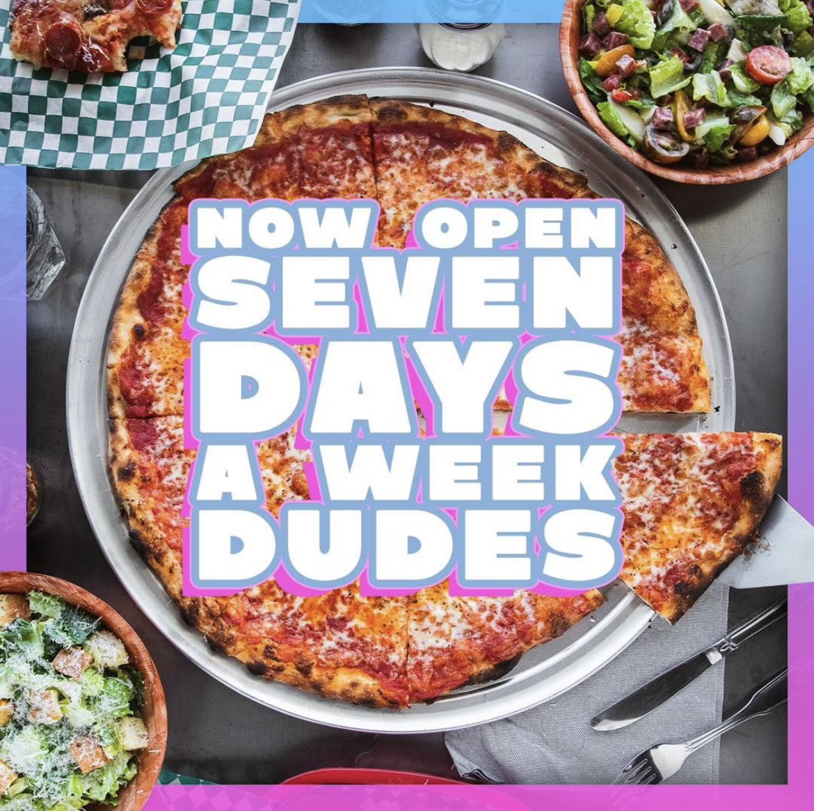 PizzaSnowmobile's tweet photo. Now open seven days a week dudes!

Sunday-Thursday: 4-10 PM 
Friday-Saturday: 4-11 PM https://t.co/WVzZsGLxWL