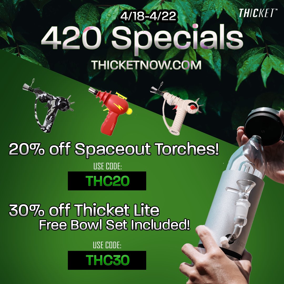 thicketnow's tweet photo. 4/20 SPECIALS are live til friday! Don’t miss out on our new Spaceout torches and Thicket Lite discreet water pipes 🍃💨 #420sale #420deals #420friendly #cannabislife https://t.co/NIhWv1HL0J