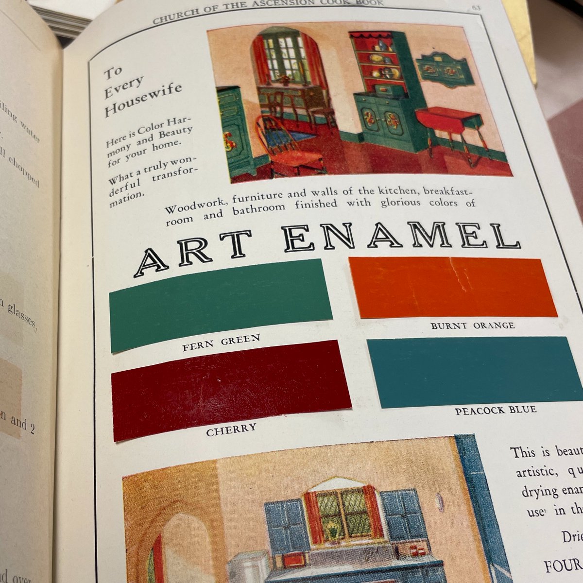 McGill_Rare's tweet photo. "To Every Housewife  Here is color Harmony and Beauty for your home."
Bold and beautiful colour choices as advertised in a 1930 Church of the Ascension cookbook. The colour samples are actually swatches, pasted in.
https://t.co/RT4jJGyloI #communitycookbook #color #enamel https://t.co/6dRA2kmEew