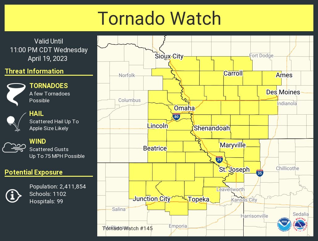 A tornado watch has been issued for parts of Iowa, Kansas, Missouri and Nebraska until 11 PM CDT