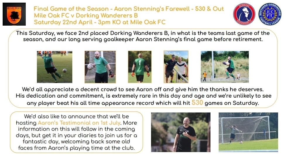 mileoak_fc's tweet photo. This Saturday, join us for 530 and Out.

A farewell to our long standing goalkeeper Aaron Stenning

3pm KO v @academydwfc at Mile Oak FC

🧡🖤 https://t.co/ttxmk3EHQN