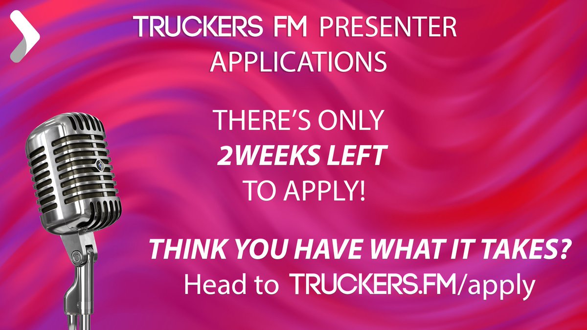 ⚠️ ⚠️ ATTENTION TRUCKERSFM ⚠️ ⚠️ 

PRESENTER APPLICATIONS WILL CLOSE IN TWO WEEKS!

APPLY NOW BEFORE ITS TOO LATE:

TRUCKERS.FM/APPLY