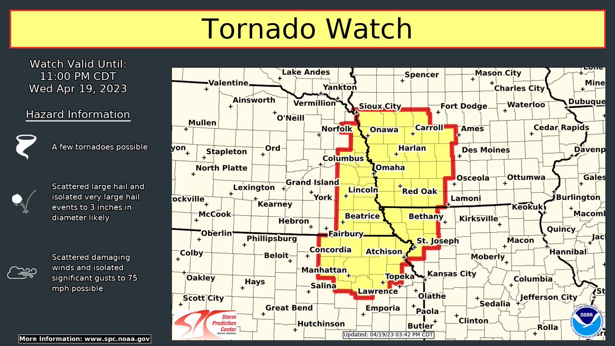 NWS Storm Prediction Center (@nwsspc) on Twitter photo A #tornado watch has been issued for portions of the Plains until 11 PM CDT. T-storms developing late this afternoon will pose a threat for severe hail/wind & tornadoes. For the latest warning information follow <a href="/NWSTopeka/">NWS Topeka</a> <a href="/NWSKansasCity/">NWS Kansas City</a> <a href="/NWSOmaha/">NWS Omaha</a> <a href="/NWSSiouxFalls/">NWS Sioux Falls</a> & <a href="/NWSDesMoines/">NWS Des Moines</a> A #tornado watch has been issued for portions of the Plains until 11 PM CDT. T-storms developing late this afternoon will pose a threat for severe hail/wind & tornadoes. For the latest warning information follow <a href="/NWSTopeka/">NWS Topeka</a> <a href="/NWSKansasCity/">NWS Kansas City</a> <a href="/NWSOmaha/">NWS Omaha</a> <a href="/NWSSiouxFalls/">NWS Sioux Falls</a> & <a href="/NWSDesMoines/">NWS Des Moines</a>