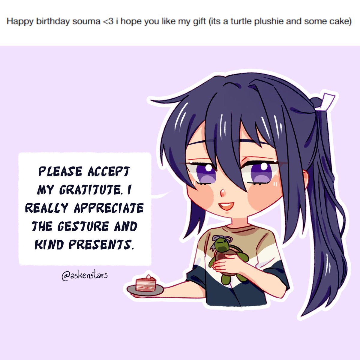 askenstars's tweet photo. "Happy birthday souma <3 i hope you like my gift (its a turtle plushie and some cake)" - https://t.co/Z5p2aM7Rgc

#askenstars #enstars #soumakanzaki https://t.co/gPojbYThus