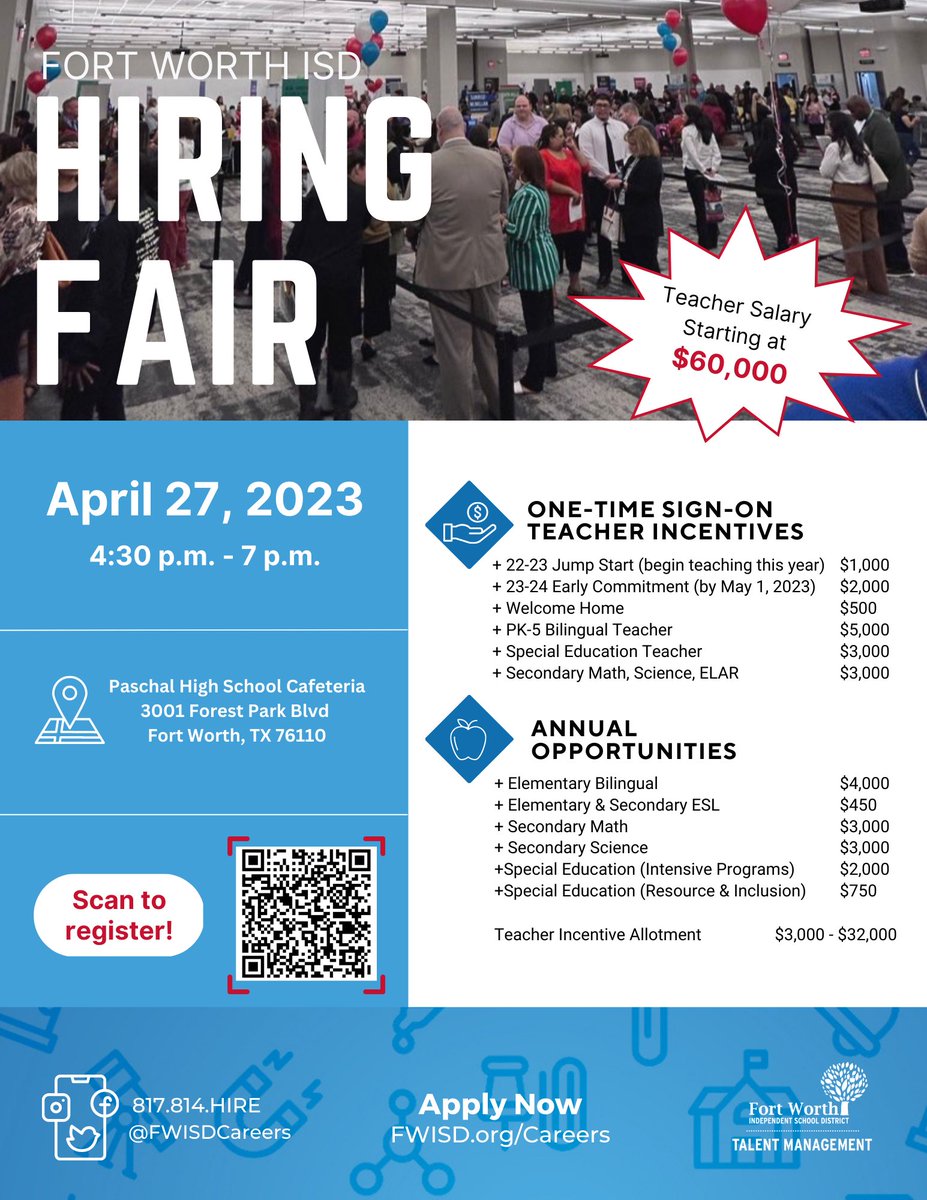 Take advantage of our Early Commitment Incentive of $2,000 by signing on with <a href="/FortWorthISD/">Fort Worth Independent School District</a> by May 1st! 

Our next hiring event is April 27th from 4:30 PM - 7:00 PM at Paschal High School! Register TODAY and secure a Teaching position for the 23-24 SY! 
forms.gle/xPH9Pp29juMXsS…