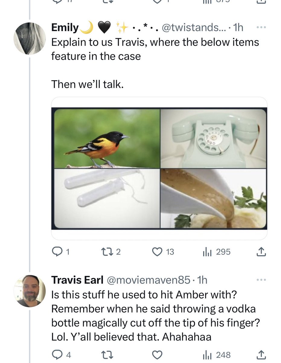 Pictures of a bird, a phone, a tampon applicator & some gravy… “Is this the stuff he used to hit Amber with?” 🤣☠️🤣☠️🤣