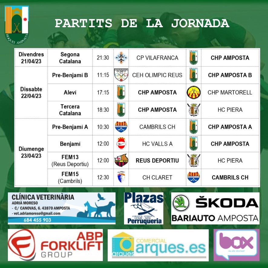 HoqueiAmposta's tweet photo. Propera jornada #hoquei 🏑🥅
📢 Atenció. Darrer partit 2a fase pels equips Sèniors 2a i 3a Cat
#CHPAmposta 🟢⚫️ @FCPatinatge @Ebresports1 
#clinicaveterinariaadriamoreso #comercialarques @skodabariauto #abpforklift @JordiBayo1971 #plazasperruqueria #comercialarques #boxidiomes https://t.co/ykiP1CIwvL