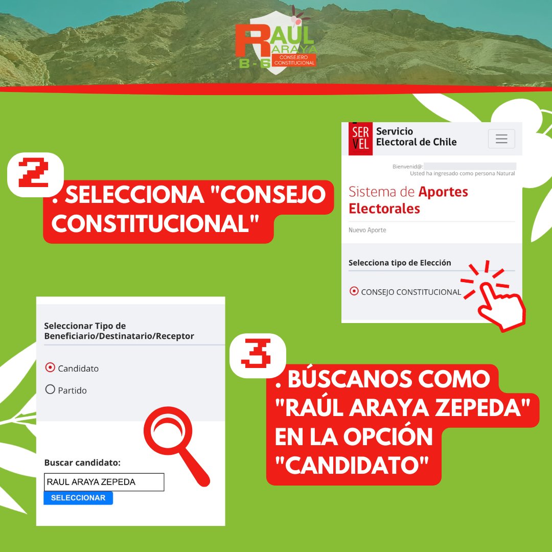 raularayaz's tweet photo. Amigas y amigos:

Los invitamos a colaborar para llegar a más lugares de Atacama con nuestro mensaje de futuro, responsabilidad y unidad.

Si deseas aportar, debes realizarlo siguiendo los pasos indicados con tu clave única. ✨

¡Muchas gracias! ❤️🥰 https://t.co/sTGiTv91v1