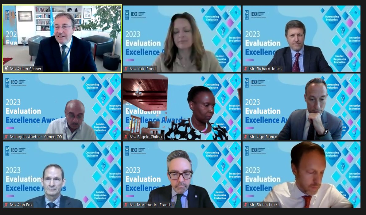 ASteiner's tweet photo. A pleasure to join the 2023 Evaluation Excellence Awards hosted by @UNDP_Evaluation. Congrats to the winning offices: @UNDP_BD @UNDPBarbadosEC @UNDPLibya @UNDPYemen @UNDPNamibia for their efforts in evaluation. Proud to witness a #FutureSmartUNDP using AI in evaluation practices. https://t.co/gSrEuE81o0