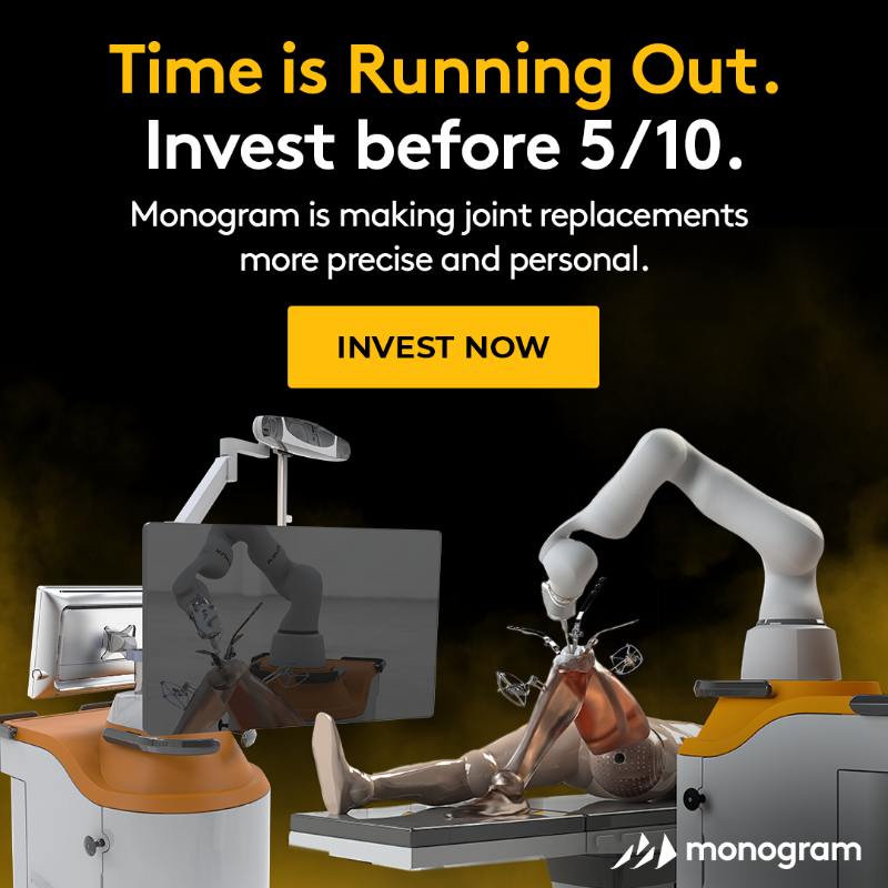 monogramortho's tweet photo. 🚀 17K+ investors &amp; counting! Join Monogram's mission of trying to modernize knee replacements to help address 100K+ annual failures with our custom joints &amp; surgical robotics. 

📈 Invest in Monogram today! 

🔗 Disclaimer: https://t.co/ZDd6G6BqjL