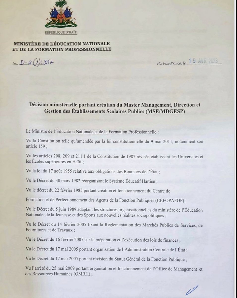 nesmymanigat's tweet photo. Décision du @MENFP_Education donnant mandat au Rectorat de l’Université Publique du Nord au Cap-Haïtien pour la mise en œuvre d'un Master en Management, Direction et Gestion d’établissements scolaires publics, ce 19 avril 2023 (après le lancement du master en éducation inclusive) https://t.co/aZvUvS7td1
