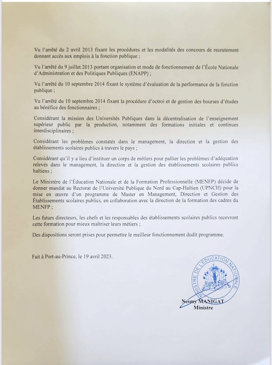 Décision du <a href="/MENFP_Education/">MENFP Education Haiti</a> donnant mandat au Rectorat de l’Université Publique du Nord au Cap-Haïtien pour la mise en œuvre d'un Master en Management, Direction et Gestion d’établissements scolaires publics, ce 19 avril 2023 (après le lancement du master en éducation inclusive)
