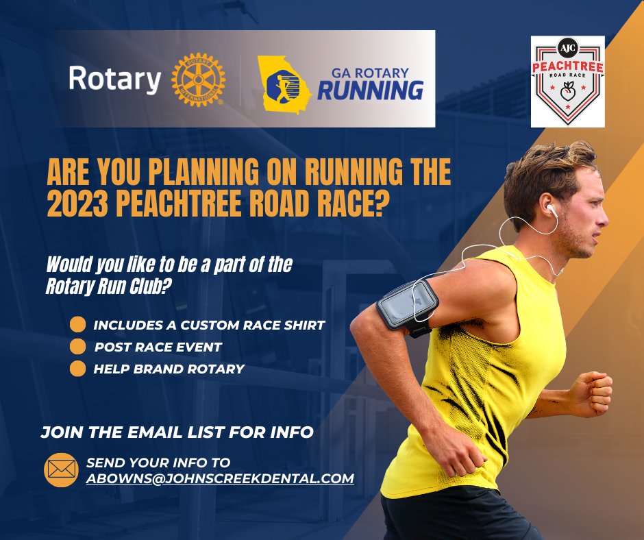 Reminder!  Are you running the AJC Peachtree Road Race this summer?  If so, why not run with team #Rotary?  If you are interested in more information, contact Alan Bowns at abowns@johnscreekdental.com!  #runrotary #peachtreeroadrace #running #RD6910