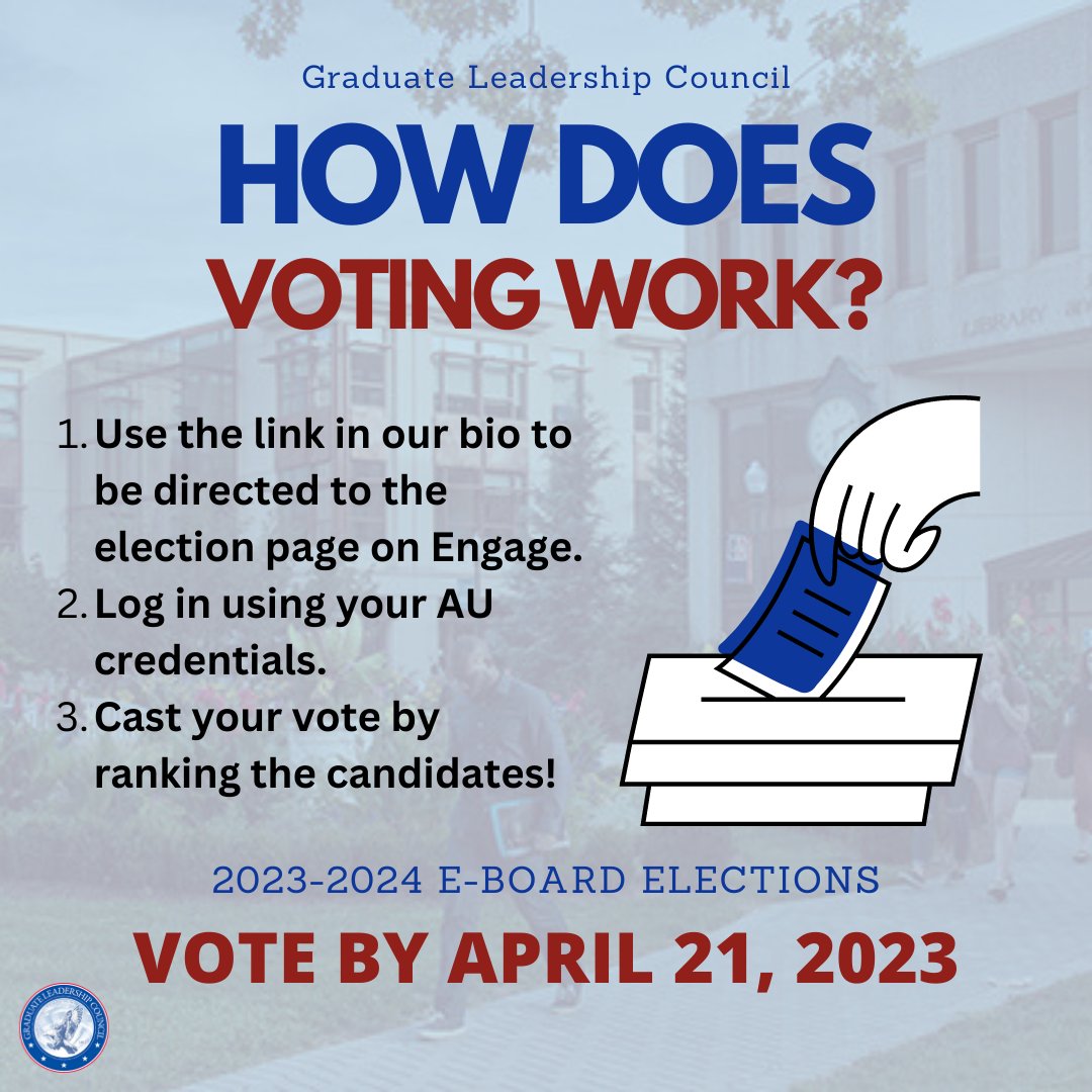 Follow these three easy steps to elect next year’s GLC E-board:
1) Use this link to go to the election page: american.campuslabs.com/.../election/s…
2) Log in using your AU credentials.
3) Cast your vote by ranking the candidates!
Voting ends this Friday, April 21st at 11:59 pm!