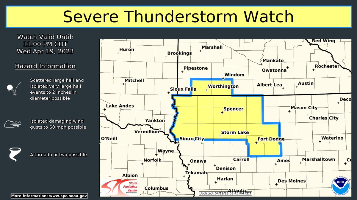 NWS Storm Prediction Center (@nwsspc) on Twitter photo A #severe thunderstorm watch has been issued until 11 PM CDT for portions of northwest #IA & far southwest #MN. T-storms developing this evening will pose threat for large hail and damaging winds. For the latest warning info follow <a href="/NWSSiouxFalls/">NWS Sioux Falls</a> and <a href="/NWSDesMoines/">NWS Des Moines</a> A #severe thunderstorm watch has been issued until 11 PM CDT for portions of northwest #IA & far southwest #MN. T-storms developing this evening will pose threat for large hail and damaging winds. For the latest warning info follow <a href="/NWSSiouxFalls/">NWS Sioux Falls</a> and <a href="/NWSDesMoines/">NWS Des Moines</a>